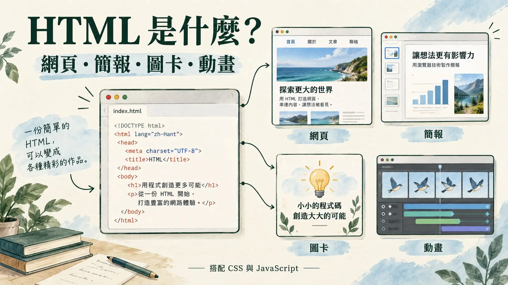 HTML 是什麼？中央的 HTML 範例連結網頁、簡報、圖卡與動畫四種作品